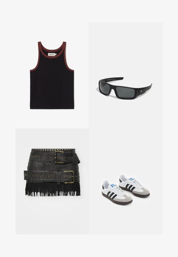 Thinking Mu HARRIET czarny; Czarna spódnica z syntetycznej skóry z dużymi metalowymi klamrami, detalami z oczkami i frędzlami na dole. Strukturalny design z wieloma paskami.; Buty sportowe z białą skórzaną cholewką, szarym zamszowym noskiem i trzema czarnymi paskami. Posiadają niebieskie logo na języku oraz teksturowaną gumową podeszwę.; Czarne okulary przeciwsłoneczne o prostokątnym kształcie, ciemnoszare soczewki i gładkie plastikowe wykończenie. Zauważalny akcent z logo po stronie.; Ciemnozielona skórzana torebka o zaokrąglonym kształcie, z kieszeniami na zamek błyskawiczny oraz przednią kieszenią z klapką. Wyposażona w srebrne akcesoria i teksturowane wykończenie.