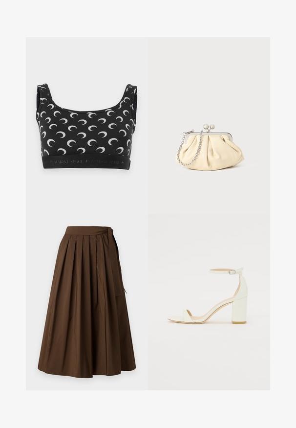 Fekete melltartó fehér félhold mintával, kerek nyakkal és logós, elasztikus szalaggal. Simogató, rugalmas anyag, mely a kényelmet szolgálja.; Barna frézelt szoknya sima textúrájú anyagból, magas derékkal és oldalsó megkötő részletekkel a zárásához.; Fehér bőrsarkú szandál bokaankarral és csattal, minimális dizájnnal. Nyitott orrú és sima textúrákkal az egész felületen.; Pleátolt bézs bőr válltáska ezüst fém kerettel, két kerek díszcsattal és ezüst lánc pánttal.