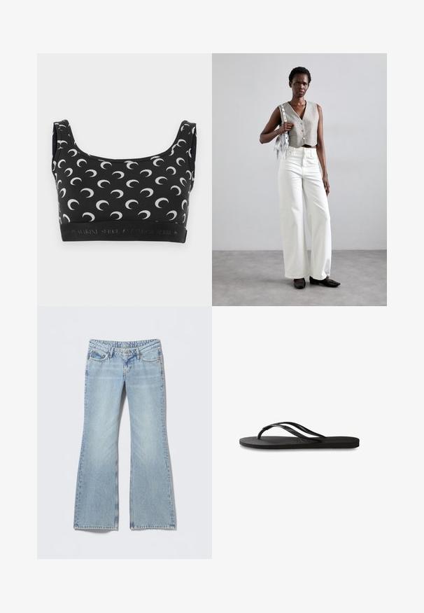 Juodas liemenukas su baltu pusmėnulio raštu, su apvaliu kaklu ir elastine juosta su logotipu. Lygus, tamprus audinys, sukurtas komfortui.; Šviesiai mėlyni platėjančių blauzdų džinsai su išeikvotu efektu, penkių kišenių dizainas ir kontrastinė siūlė. Medvilniniai džinsai su lygiu paviršiumi.; Juodos šlepetės su tekstūruotu guminio pado, dviem siauromis dirželių ir subtiliu, įspaustu logotipo detalė ant dirželio.; Pilkas trumpas liemeniukas su sagomis, derinamas su baltomis plačiomis kelnėmis ir juodais butais be kulno. Papuoštas mažąja sidabrine frakcionuotų rankinuke.