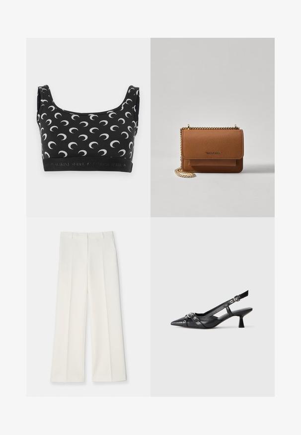 Sostén negro con un patrón de luna creciente blanca, escote en forma de u y banda elástica con logo. Material suave y elástico diseñado para la comodidad.; Pantalones de pierna ancha en tejido color crema claro, con una textura suave, pliegues frontales y dos bolsillos laterales. Diseño de cinturilla ajustada.; Zapato de slingback negro de piel con punta afilada, correas decorativas con ojales de metal y un tacón bajo y ancho. Superficie texturizada.; Bolso crossbody de cuero texturizado marrón con correa de cadena dorada y cierre de solapa. La parte frontal presenta un detalle de logo y un bolsillo debajo de la solapa.