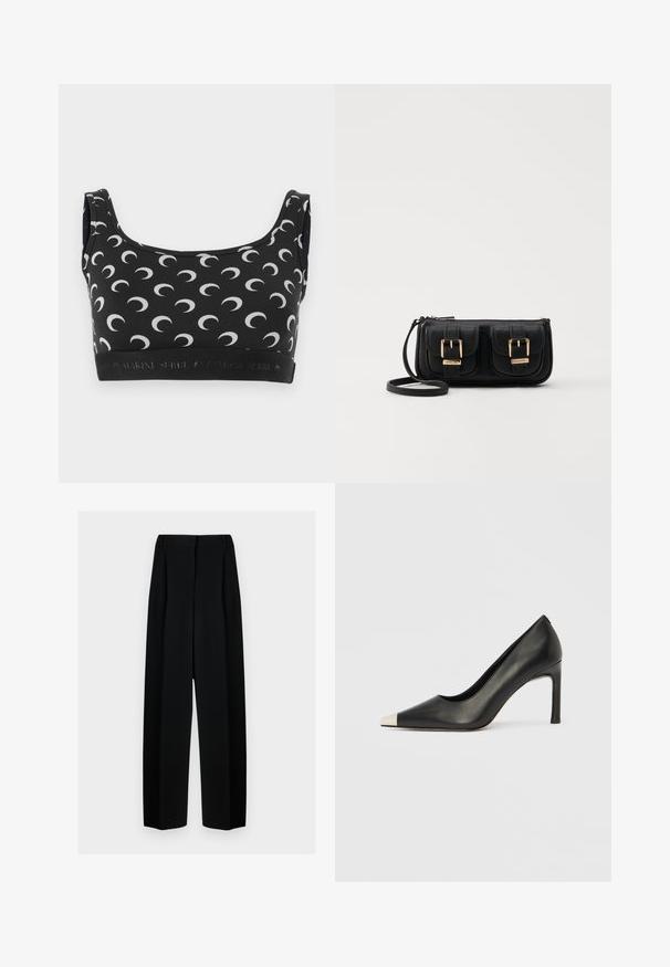 Black bra with white crescent moon pattern, scoop neckline, and elastic band featuring logo. Smooth, stretchy material designed for comfort.; Black wide-leg trousers with a high waist, featuring pleats and a smooth texture. The fabric appears lightweight and drapes elegantly.; Black leather high heel shoe with a pointed toe and a metallic silver cap. Features a smooth finish and a slender 10 cm heel.; Black leather crossbody bag with two front pockets, gold buckles, zipper closure, and a slim strap. Textured surface and compact rectangular shape.