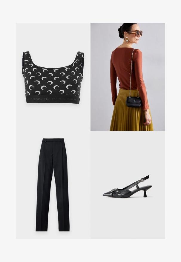 Melnā krūštura ar baltiem pusmēness rakstiem, ar apaļu dekoltē un elastīgu jostu ar logo. Gluda, stiepjama viela, radīta komfortam.; Melnas bikses, izgatavotas no gludas auduma, ar augstu vidukli, platiem bikšu galdniekiem, priekšējiem krokām un klasiskām jostu cilpām. Sānu kabatas nav redzamas.; Melnas ādas šlipsveida kurpes ar norādītu purngalu, dekoratīvām joslām ar metāla acīm un zemu bloku papēdi. Teksturēta virsma.; Vivienne Westwood SMALL PURSE CHAIN - Plecu soma - black