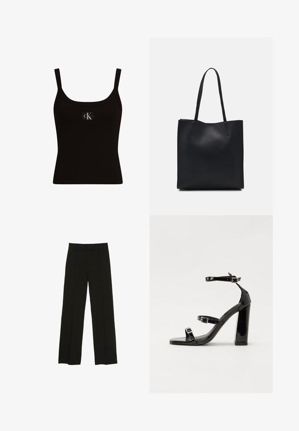 Calvin Klein Jeans Toppi - black; Mustat leveälahkeiset housut, jotka on valmistettu sileästä kankaasta. Niissä on istuva vyötärö ja hienovaraiset etupleatit, jotka lisäävät tekstuuria.; Musta kiiltävä korkokenkä sandaalit neliönmuotoisella varpaalla, nilkkaremmillä ja hopeisilla soljilla. Varustettu tukevalla lohkokorkealla vakauden takaamiseksi.; Mustapahkainen kangaskassi, jossa on sileä pinta, suorakaiteen muotoinen ja kaksi pitkää kahvaa. Ei näkyvää metalliosaa tai koristeita.