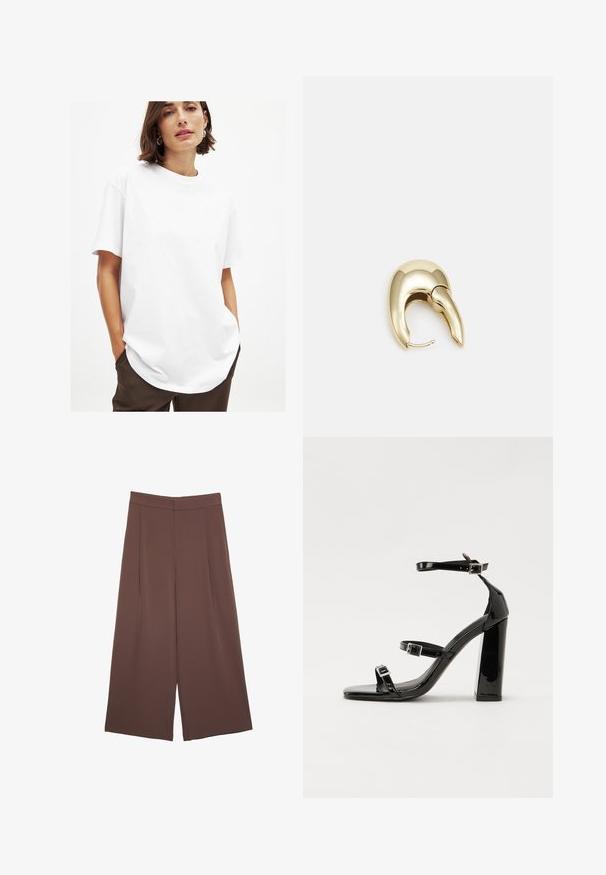 Biela bavlnená tričko s okrúhlym výstrihom, krátkymi rukávmi a voľným strihom. Má hladkú textúru a zaoblený lem.; Hnedé nohavice so širokými nohavicami a hladkou textúrou, s vysokým pásom a prednými skladmi. Tkanina je ľahká a voľne sa pohybuje.; Čierne lakované sandále na podpätku so štvorcovou špičkou, navlečenými remienkami okolo členku a striebornými prackami. Disponujú masívnym blokovým podpätkom pre stabilitu.; Náušnice z kovu v zlatej farbe s elegantným, zakriveným dizajnom. Majú charakteristický špicatý tvar, leštený povrch a uzáver na pánt.
