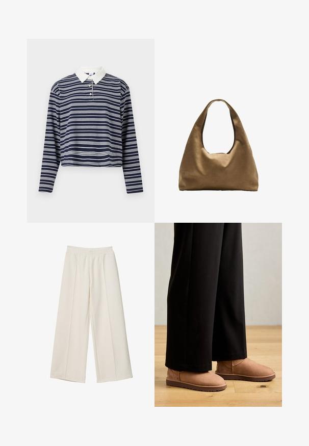 Polo a maniche lunghe a righe blu navy e bianche con colletto bianco e patta con tre bottoni, design accorciato e texture morbida.; Pantaloni a gamba larga color crema con cintura elastica e dettagli sulla cucitura frontale, realizzati in tessuto morbido.; Stivali ankle in suede marrone con suola in gomma piatta, punta rotonda e cuciture minime, indossati con pantaloni neri a gamba larga su un pavimento in legno.; Borsa a spalla in tessuto marrone con un corpo ampio e arrotondato e una grande maniglia a taglio. Texture morbida, design minimalista e senza hardware visibile.