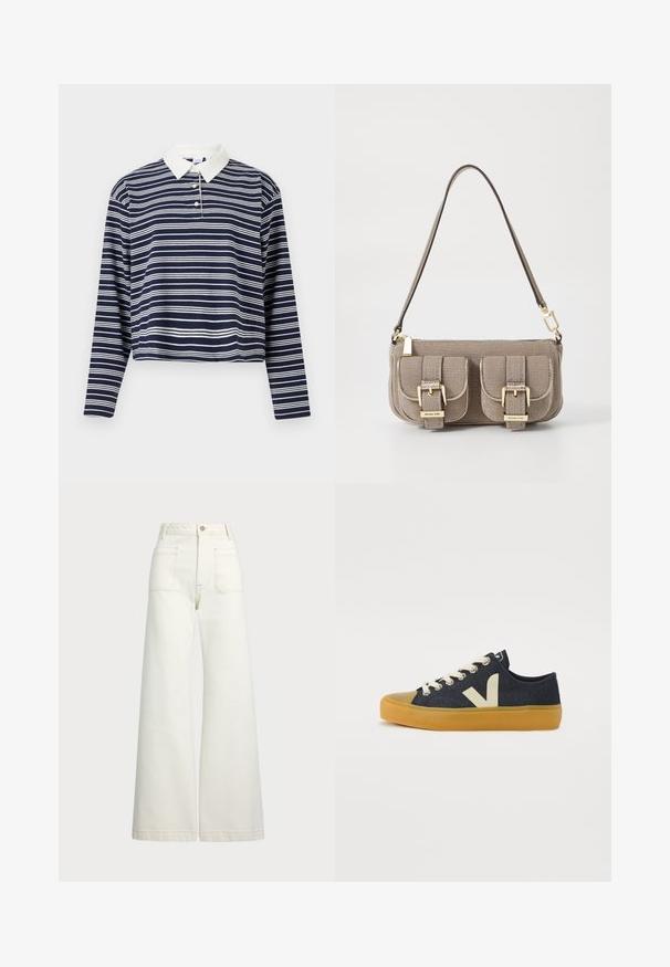 Marineblau-weiß gestreiftes Langarm-Polohemd mit weißem Kragen und Dreiknopf-Leiste, verkürztem Design und weicher Textur.; Weite Jeans aus off-white Denim. Hoch tailliertes Design mit Knopfverschluss, zwei Fronttaschen und kontrastierenden Stickdetails.; Blaue Denim-Low-Top-Sneaker mit cremefarbenen Schnürsenkeln, einer gelben Gummisohle und einem kontrastierenden "V"-Logo an der Seite.; Beige strukturiertes Handtäschchen mit verstellbarem Tragegurt, zwei vorderen Taschen, die mit Schnallen gesichert sind, und goldenen Metallakzenten. Reißverschlussöffnung oben.