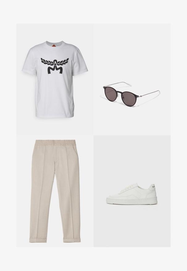 Balts kokvilnas T-krekls ar lielu melnu grafisko dizainu centrā, kas atgādina spalvas un stilizētu burtu "M". Īsas piedurknes, apaļa dekoltē.; Filippa K TERRY CROPPED TROUSERS - Auduma bikses - sage melange; Baltas ādas sneakers ar gludu virsmu, apaļu pirkstu daļu, plakaniem šņorēm un teksturētu zoli. Satur diskrētu logotipu uz papēža.; Melni apaļi saulesbrilles ar tumšiem lēca un plānām metāla stangām. Iekļautas caurspīdīgas tempļu galviņas un sudraba akcenti pie eņģes. Minimalistisks dizains.