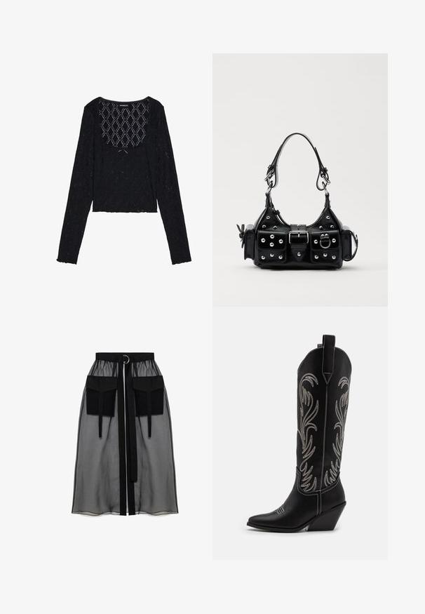 Črn dolg rokav kratek top, izdelan iz teksturirane čipke z diamantom in okroglim izrezom. Ima naborke na robovih.; Črna prozorna krila z nabranim pasom, ki ima dva velika sprednja žepa, pas za zavezovanje in okroglo kovinsko dekoracijo.; Črne usnjene kavbojske čevlje s koničastimi prsti, klinastimi petami in srebrnimi vezeninami cvetnega vzorca po vsej dolžini. Kontrastno šivanje povsod.; Črna usnjena torbica s ukrivljenim dizajnom, ki vsebuje srebrne žebljičke, zaponko in dve stranski žepki. Nastavljiv trak za različne možnosti nošenja.