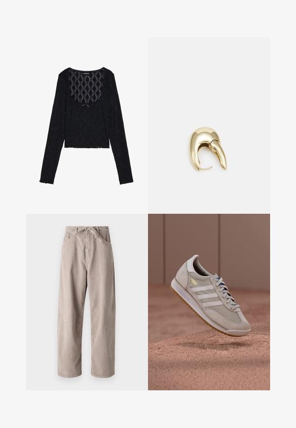 Črn dolg rokav kratek top, izdelan iz teksturirane čipke z diamantom in okroglim izrezom. Ima naborke na robovih.; Beige kordurojske hlače s sproščenim krojem, ki imajo vrvico za prilagajanje pasu, dva sprednja žepa in vertikalno rebrasto teksturo.; Bež superge z zgornjim delom iz semiša in mrežastega materiala, belimi tremi črtami, gumijastim podplatom v barvi gume, modrimi vezalkami ter zlatim logotipom kot poudarkom. Klasičen retro dizajn.; Uhane nakit iz zlatastega tona z gladko, ukrivljeno zasnovo. Ima edinstveno koničasto obliko, polirano površino in zaponko s tečajem.