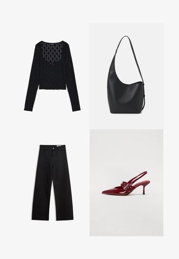 Top scurt cu mânecă lungă, de culoare neagră, din dantelă texturată cu un model în diamant și decolteu rotund. Prezintă margini franjurate.; Pantaloni din denim negri cu picioare largi, cu talie înaltă, având buzunare frontale și posterioare, cusături dublate și închidere cu nasture. Textură netedă.; Pantofi cu toc slingback din piele roșie lacuită, cu vârf ascutit, două curele cu cataramă și un toc subțire, de înălțime medie. Textură netedă.; Geantă hobo din piele neagră, cu o textură netedă, formă curbată și un singur bretele ajustabil; are o deschidere largă în partea de sus.