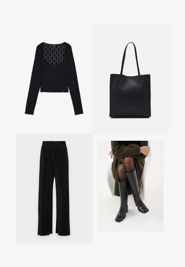 Mustad mustade pika varrukaga lühikeste pliiatsitega tops, mis on valmistatud tekstureeritud pitsist, millel on teemantmuster ja ümar kaelus. Omab volangidega ääri.; Mustad pleekitud püksid elastse vöökohtaga. Omavad laiad jalad ja sujuvat, tekstureeritud kangast vertikaalsete triipudega.; Knee-high mustad nahast saapad nelinurkse varbaga ja plokilise kontsaga, esitatud mudeli kõrval, kes istub oliivirohelises mantlis. Sujuv tekstuur, minimaalne detailide arv.; Mustast nahast kott sujuva tekstuuriga, ristkülikukujuline ja kahe pika sangaga. Pole nähtavat riistvara ega kaunistusi.