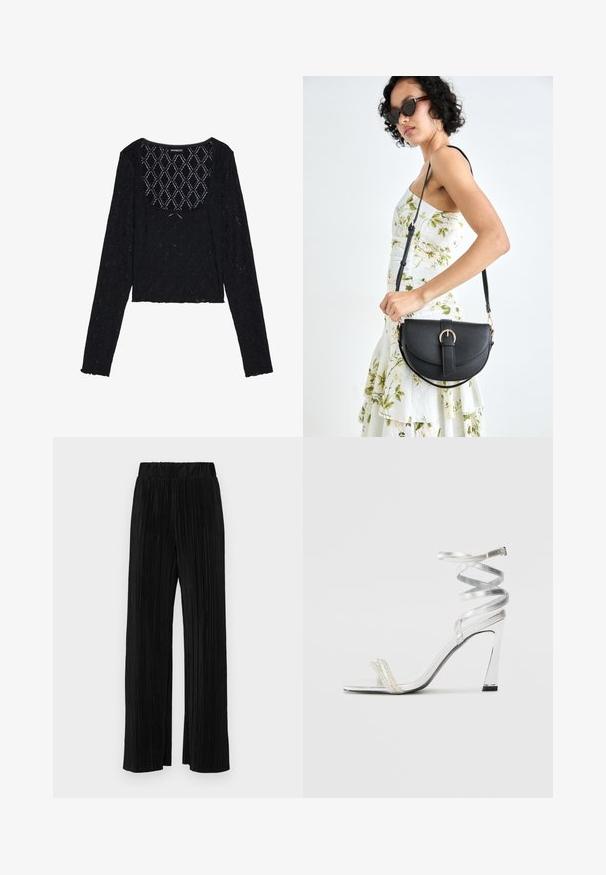 Top cropped preto de mangas longas feito de renda texturizada com um padrão de diamantes e decote arredondado. Apresenta bordas com babados.; Calças pregueadas pretas com uma cintura elástica. Apresentam pernas largas e um tecido liso, texturizado com riscas verticais.; Sandalha de salto alto prateada com um design de tira brilhante, apresentando um detalhe semelhante a uma pérola e uma tira de tornozelo espiralada para um ajuste seguro.; Bolsa de couro preta com forma curva, alça destacável e detalhes em dourado. A bolsa possui uma aba com detalhe de fivela.