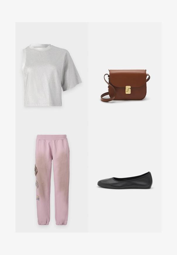 Tricou scurt argintiu cu mâneci scurte, având o textură lucioasă și netedă și un decolteu rotund. O mână este asimetrică.; Pantaloni de trening roz cu talie elastică, cu petice decorative în formă de diamant pe partea stângă și manșete elastice la glezne.; Balerini din piele neagră, cu vârf rotund, textură netedă, detalii de cusătură minimale și un design al tălpii flexibil.; Geantă de piele maro cu închidere tip capac, accesorii de culoare aurie, curea de umăr și o textură netedă. Formă compactă și rectangulară.