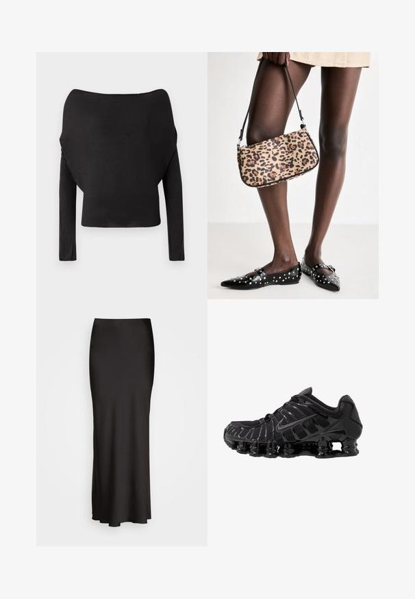 Maglietta nera a maniche lunghe con un'ampia scollatura off-the-shoulder, caratterizzata da una texture liscia e aderente e un silhouette cropped.; Gonna in satin nera, lunga fino al pavimento, con una texture liscia, vita aderente e silhouette a forma di A, priva di decorazioni visibili o fantasie.; Scarpa sportiva nera con tomaia in mesh e sovrapposizioni lucide. Presenta un'imbottitura a molla curva e linee texturizzate sul lato. Logo Nike visibile.; Borsa con stampa leopardata e tracolla nera, di forma rettangolare e texture liscia. La borsa è posata accanto a scarpe flat nere con borchie.