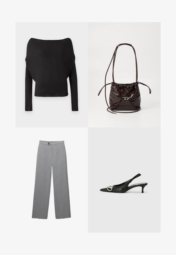 Sort langærmet top med bred off-the-shoulder halsudskæring, med en glat, tætsiddende tekstur og en cropped silhuet.; Grå skræddersyede bukser med bred ben, flad front og subtil tekstur. Har en enkelt knaplukning og rene linjer.; Sorte læderslipsko med spids tå, der har en sølvlogo detalje og en lille hæl. Glat tekstur og minimalistisk design.; Mørkebrun, blanklæder skuldertaske med samlet top og tynd, justerbar rem, der har en lille sølvfarvet spænde detaljer foran.