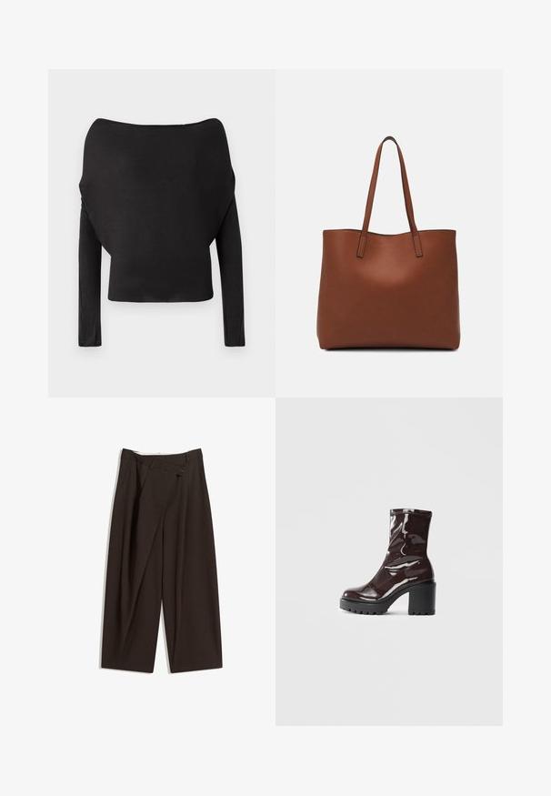 Schwarzes Langarmoberteil mit weitem, schulterfreiem Ausschnitt, das eine glatte, enganliegende Textur und eine verkürzte Silhouette aufweist.; Dunkelbraune, weite Hosen mit hohem Bund, die über einen einzigen Knopfverschluss und eine gefaltete Vorderseite verfügen. Hergestellt aus leichtem Stoff.; Glatte bordeauxrote Ankle Boots mit einem klobigen schwarzen Absatz, die eine glatte Oberfläche und ein einfaches Design aufweisen. Keine sichtbaren Verschlüsse oder Muster.; Braune Leder-Tote mit glatter Textur, offenem Oberteil und zwei Schulterriemen. Verfügt über minimale Nähte und keine sichtbaren Beschläge.