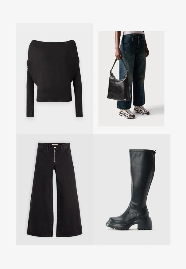 Čierny dlhý rukáv top s širokým off-the-shoulder výstrihom, ktorý má hladkú, priliehavú textúru a skrátený strih.; Dlhé nohavice vo voľnom strihu z čierneho denimu so zipsom vpredu, päť vrecúškovým dizajnom a jemnými stehovými detailmi. Hladká textúra a neformálny štýl.; Vysoká čierna kožená čižma s masívnou platformou a blokovým podpätkom, s praktickým pútkom a textúrovaným vzorom na podošve.; Čierna kožená taška cez rameno s hladkou textúrou a nastaviteľným popruhom, skombinovaná s vyblednutými širokými džínsy a športovými teniskami.