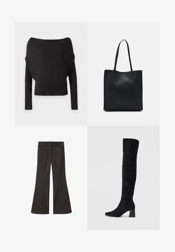 Maglietta nera a maniche lunghe con un'ampia scollatura off-the-shoulder, caratterizzata da una texture liscia e aderente e un silhouette cropped.; Pantaloni neri a zampa d'elefante con vita alta; presentano due tasche frontali e una texture del tessuto liscia. Adatti per varie occasioni.; Stivale in suede nero alto fino al ginocchio con tacco a blocco, punta affusolata e design liscio e senza cuciture su uno sfondo chiaro e semplice.; Borsa tote in pelle nera con texture liscia, forma rettangolare e due manici lunghi. Nessun hardware o decorazione visibile.