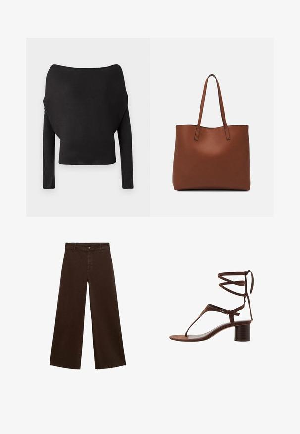 Black long-sleeve top with a wide off-the-shoulder neckline, featuring a smooth, fitted texture and a cropped silhouette.; Brown wide-leg trousers in cotton blend, featuring a frayed hem, front button closure, and classic five-pocket design. Minimalistic and versatile.; Brown suede high-heeled sandal with a triangular toe strap, ankle ties, and a textured block heel for stability.; Brown leather tote bag with a smooth texture, open top design, and two shoulder straps. Features minimal stitching and no visible hardware.