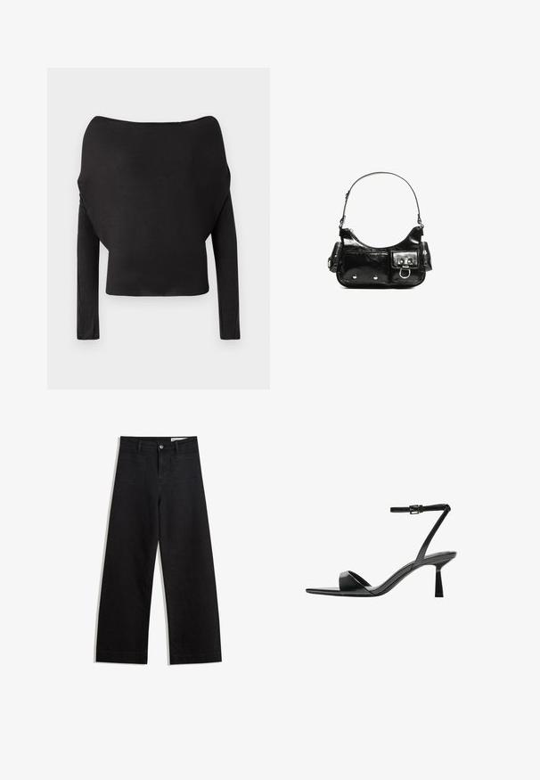 Haut noir à manches longues avec un large décolleté bardot, présentant une texture lisse et ajustée ainsi qu'une silhouette cropped.; Pantalon en denim noir à jambes larges avec une taille haute, comprenant des poches avant et arrière, des coutures piquées et une fermeture à bouton. Texture lisse.; Bershka Sandales à talons hauts - black; Sac à main en cuir verni noir avec une forme incurvée, une bandoulière, des poches avant et des accents en métal argenté.