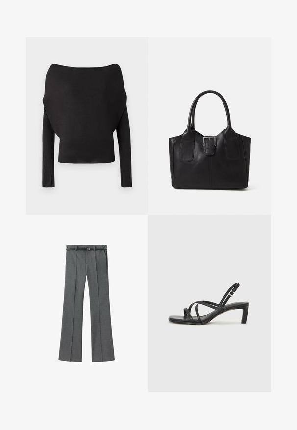 Crni dugi rukav s širokim izrezom iznad ramena, s glatkom, prilagođenom teksturom i skraćenim siluetom.; Sive prilagođene hlače ravnog kroja, od lagane tkanine, s petljama za remen i uskim remenom sa srebrnom kopčom.; Crne sandale s trakama, kvadratnim prstom i niskom blok petom. Ima više tankih trakica i podesivu trakicu oko gležnja. Izrađene su od glatke kože.; Crna kožna torba za nošenje s glatkom teksturom, strukturiranim oblikom, dvije ručke i istaknutim srebrnim kopčanjem na prednjoj strani.