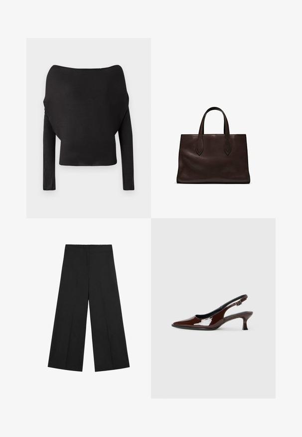 Schwarzes Langarmoberteil mit weitem, schulterfreiem Ausschnitt, das eine glatte, enganliegende Textur und eine verkürzte Silhouette aufweist.; Schwarze, weit geschnittene Hose mit elastischem Bund. Aus leichtem Stoff gefertigt, mit glatter Textur und klarem, minimalistischem Design.; Braune Lackleder-Slingback-Schuhe mit spitzer Zehe und moderatem Absatz. Mit einem Schnallenriemen für einen sicheren Sitz. Glatte Textur.; Braune Ledertasche mit zwei langen Griffen, strukturierte rechteckige Form, glatte Textur und dezente Nähdetails.