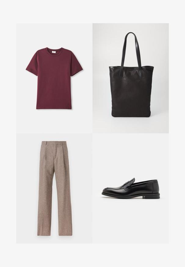 Burgundská bavlnená tričko s okrúhlym výstrihom, krátkymi rukávmi a voľným strihom. Hladká textúra a minimalistický dizajn.; Hnedé, vysoké nohavice vyrobené z texturovanej látky. Majú široké nohavice a dva predné záhyby pre štruktúru. Úhľadné spracovanie bez viditeľného kovania.; Čierne kožené mokasíny s hladkou textúrou, zaoblenou špičkou a dekoračným pásikom cez priehlavok. Nízky vrstvený opätok, minimalistický dizajn.; Čierna plátená taška s čiernymi koženými ušami. Jednoduchý dizajn, priestranné telo a hladká textúra. Žiadne viditeľné logo ani vzory.