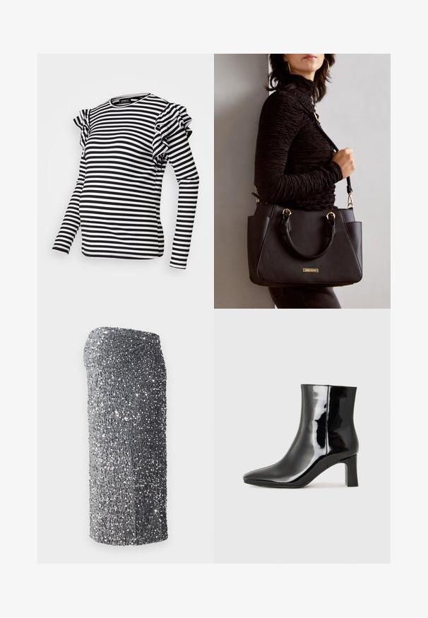 Black and white striped long-sleeve top with ruffle accents on the shoulders. Fabric has a ribbed texture, round neckline.; Silver sequined dress with a fitted shape, smooth texture, and a gradient pattern from dark to light gray, short at the hem.; Black patent leather ankle boot with a pointed toe and a mid-height block heel. Smooth texture and minimalist design.; Black handbag with textured surface, dual top handles, and adjustable shoulder strap. Features gold-tone hardware and side pockets.