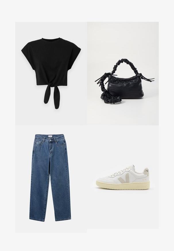 Melnā īsā T-kreklā, izgatavots no mīkstas kokvilnas, ar īsām piedurknēm un mezglu detaļu apakšmalā. Vienkārša un gluda tekstūra.; Klasiskie zili džinsi ar taisnu kāju dizainu, pieciem kabatām un pogu aizdari. Iezīmējas ar vidēju mazgāšanu un izturīgu tekstūru.; Baltas ādas sporta apavu pāris ar bēšiem zamša akcentiem, caurumiņu purngalā, plakanu šņorēšanu un teksturētu krēmkrāsas zoli. Iezīmējas ar diskrētu zīmolu uz papēža.; Melnā mākslīgās ādas rokassoma ar krokodila rakstu, savilkta augšdaļa un saburzīta siksna. Izskatās mīksta un kompakta pēc dizaina.