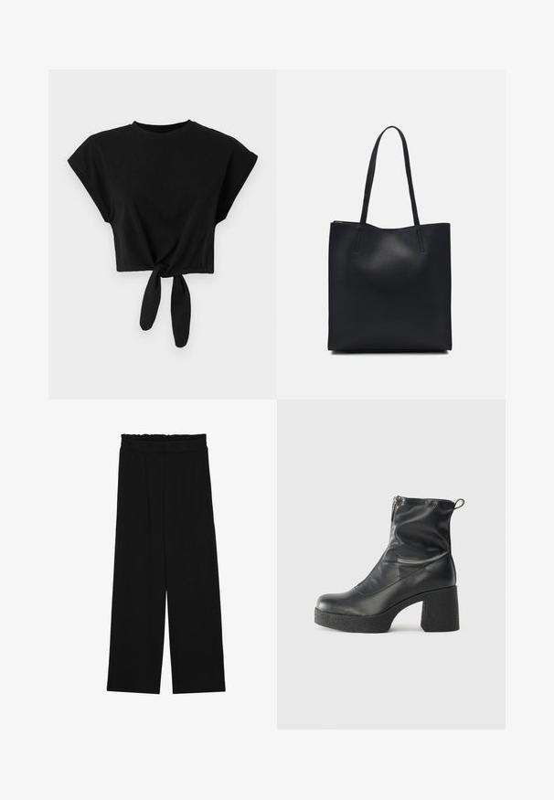 Musta lyhythihainen crop-top, joka on valmistettu pehmeästä puuvillasta. Siinä on lyhyet hihat ja solmitys helmassa. Yksinkertainen ja sileä rakenne.; Musta leveälahkeinen housut, joissa on röyhelövyötärö, kaksi sivutaskua ja sileä, kevyt kangas. Ei näkyviä kuvioita tai metalliosia.; Mustat nilkkurit, jotka on valmistettu sileästä nahasta. Niissä on sivuvetoketju, paksu teksturoitu korko ja pyöristetty kärki.; Mustapahkainen kangaskassi, jossa on sileä pinta, suorakaiteen muotoinen ja kaksi pitkää kahvaa. Ei näkyvää metalliosaa tai koristeita.