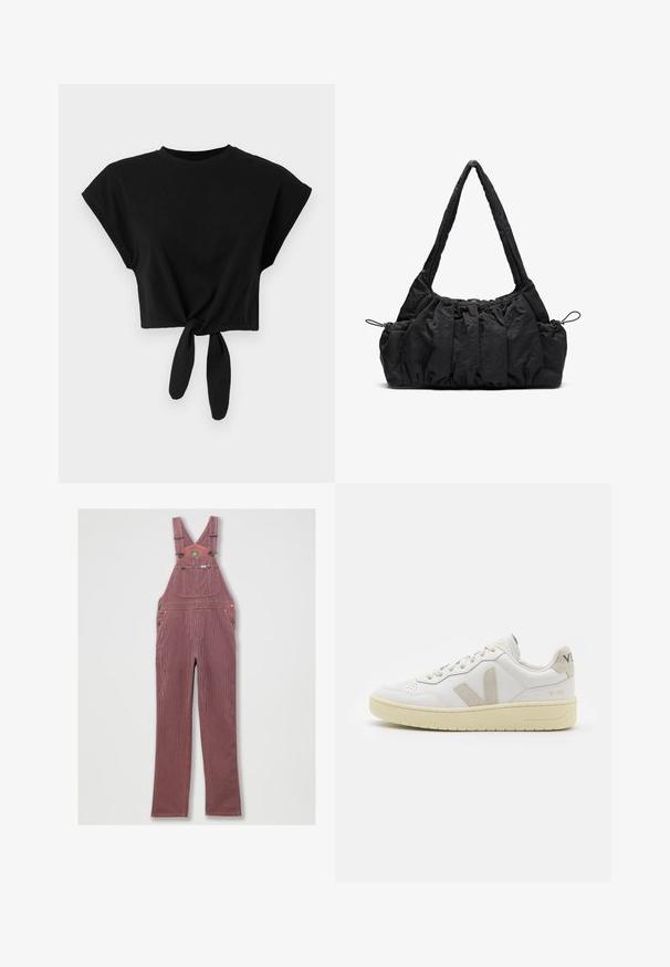 Must have mustikasärgid, mis on valmistatud pehmest puuvillast, lühikeste varrukatega ja alumises servas sõlmenuhuga. Lihtne ja sile tekstuur.; Punase triibulised denim üleüldiselt, millel on reguleeritavad õlapaelad, suur esi-tasku ja küljetaskud. Omab metallist detaile ja tikkitud serva.; Valge nahast tenniseking, millel on beežist siidist aktsent ja aukudega varvas, lame paelad ja tekstureeritud koorevärvi tallad. Omab nüansirikast brändimist kannal.; Must mustriga käekott, millel on kogutud tekstuur, kaks õlarihma ja külgedel nöörkinnitus. Sujuv ja kerge materjal.