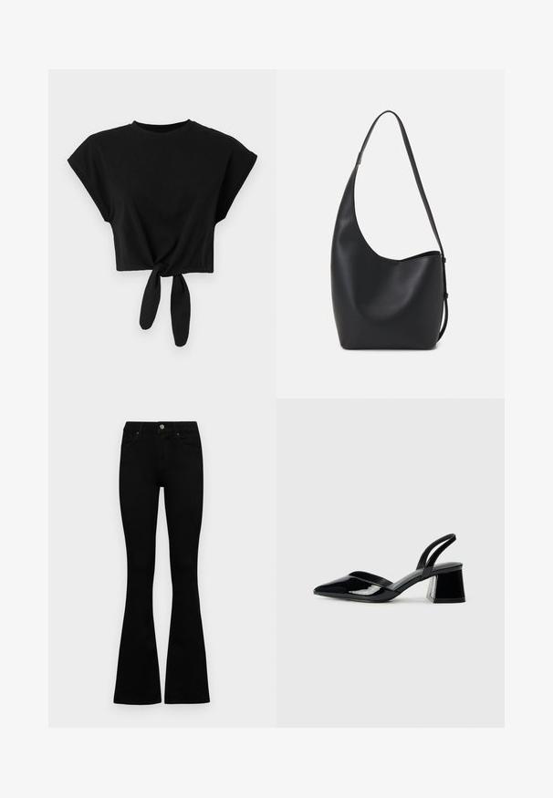 Juodas trumpas marškinėliai, pagaminti iš minkštos medvilnės, su trumpomis rankovėmis ir mazgo detale apačioje. Paprasta ir lygi tekstūra.; Juodos aukšto liemens džinsai su mygtuku ir užtrauktuku, priekinėmis kišenėmis ir platėjančiomis kojomis, išdėstyti ant baltos fono.; Juodos lakuotos odinės šlepetės su smailiu pirštu ir geometriniu bloko kulnu. Turi elegantišką, minimalistinį dizainą ir lygų paviršių.; Juodas odinis hobo maišas su lygiu paviršiumi, kreipta forma ir viena reguliuojama rankena; turi platų atidarymą viršuje.; Aukso tono metalinės auskarai su stilingu, kreiviu dizainu. Išsiskiria ryškiu smailiu pavidalu, poliruota paviršiumi ir užsegimu su vyriu.