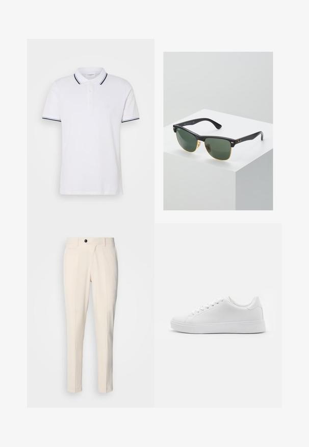 Valge puuvillane polo särk, millel on kaelus, kolmesnööpne nööbistus ja tumesinised ja valged triibud varrukatel.; Beežid kohandatud püksid, millel on lame ees, ühe nööbiga sulgemine ja kaks nurga all asetsevat küljetaskut. Sile kangas, slim fit ja kitsenevad jalad.; Valged jooksujalanõud sileda sünteetilise ülaosa, ümmarguse nina, kuue aukuga paelte jaoks ja madala profiiliga kummist talla, millel on tekstuuritud üksikasjad.; Ray-Ban'i prillid roheliste objektiividega, mustade plastikraamide ja kuldsete aktsentidega servadel. Ruudukujuline kuju mati viimistlusega.