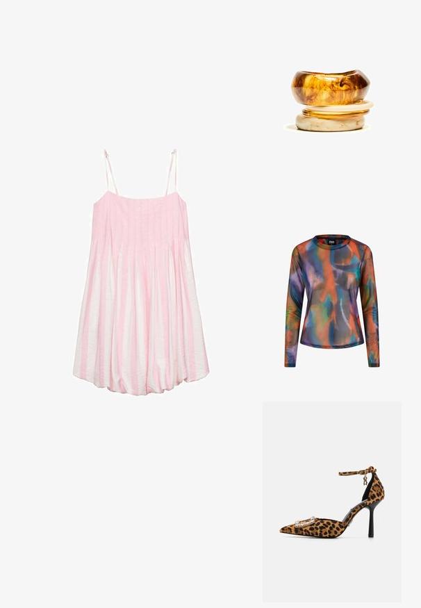 Long-sleeve shirt in sheer, lightweight fabric featuring a vibrant, multi-colored abstract pattern of orange, blue, and purple hues.; Pink and white striped sleeveless dress with a gathered texture, lightweight fabric, and adjustable straps. Flared bottom design.; Leopard print high heel shoe with pointed toe, velvet texture, ankle strap, and crystal-accented buckle. Black stiletto heel.; A stack of two rings; the top is amber with swirls, and the bottom is light beige; both are smooth and glossy resin.