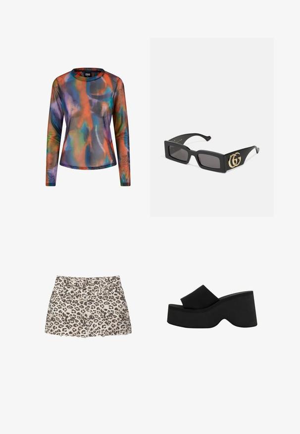 Langarmshirt aus transparentem, leichtem Stoff mit einem lebhaften, mehrfarbigen abstrakten Muster in Orange-, Blau- und Violetttönen.; Minirock aus Denim mit Leopardenmuster und fransigem Saum, mit vorderen Taschen und einem klassischen Taillenbund mit zwei Metallknöpfen.; Schwarzes Plattform-Sandale mit dicker, runder Sohle und breitem Riemen. Glatte Textur, minimalistisches Design und konturierte Form für Stabilität.; Gucci RECTANGULAR/SQUARED - Sonnenbrille - black/grey