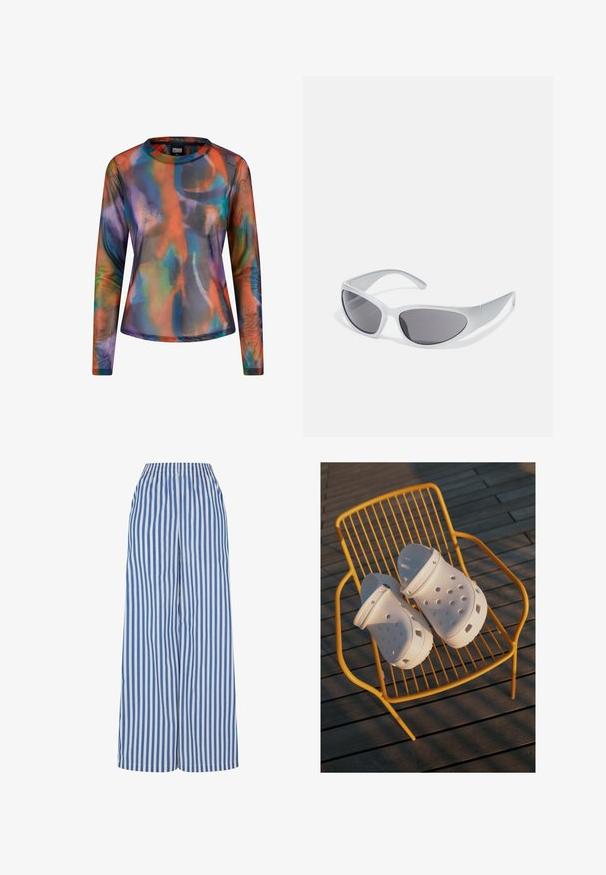 Urban Classics AOP LONGSLEEVE - T-shirt à manches longues - multicolorreflection; Urban Classics STRIPED LOOSE - Pantalon classique - white blue; Des sabots Crocs blancs présentent un design perforé, des semelles plates et des sangles de talon réglables, reposant sur une chaise en fil jaune contre un sol en bois.; Lunettes de soleil avec une monture légère en plastique gris clair, au design enveloppant, lentilles sombres et texture lisse. Présentent un marquage minimal sur le côté.