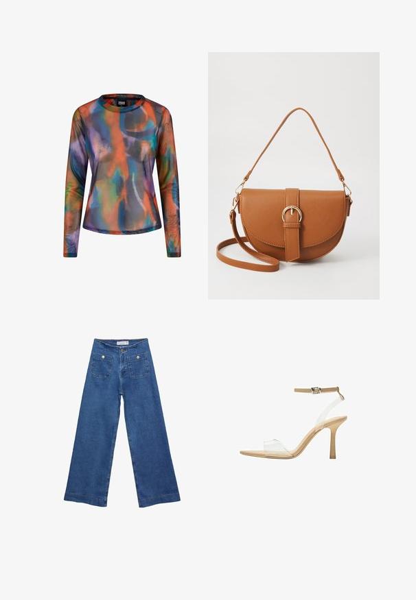 Pitkähihaisen paidan kevyt, läpikuultava kangas esittelee kirkasta, moniväristä abstraktia kuviota oranssin, sinisen ja violetin sävyillä.; Denim leveled-leg farkut keskisinisellä pesulla, kahdella etupussilla, joissa on nappisuljenta, ja ommelluilla yksityiskohdilla helmoissa.; Kirkas korkokenkä läpinäkyvällä varrella, beigellä pohjalla ja hoikalla nilkkahihnalla. Ominaisuuksiin kuuluu terävä kärki ja ohut korkea korko.; Ruskean nahkainen olkalaukku, jossa on kaareva muoto, kultaiset yksityiskohdat ja solkiyksityiskohta. Varustettu irrotettavalla olkahihnalla.