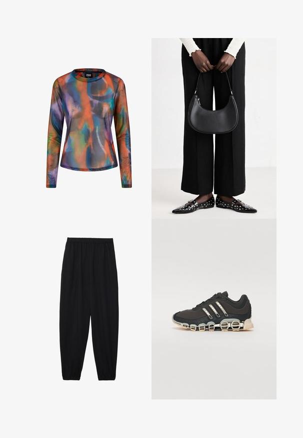 Camisa de manga larga hecha de un tejido ligero y transparente, que presenta un vibrante patrón abstracto multicolor en tonos de naranja, azul y morado.; Pantalones negros, ligeros, con cintura elástica y tobillos fruncidos. La tela es suave y presenta un diseño relajado y ajustado.; Zapatilla deportiva negra con parte superior texturizada, tres rayas plateadas y una suela de amortiguación distintiva que presenta múltiples secciones integradas.; Bolso de hombro de cuero negro con forma redondeada, acabado brillante y herrajes plateados. Persona vistiendo pantalones anchos negros y mocasines con tachuelas.