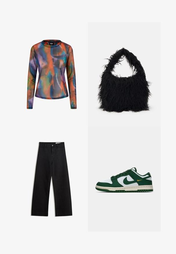 Langarmshirt van doorzichtig, lichtgewicht materiaal met een levendig, veelkleurig abstract patroon van oranje, blauw en paarse tinten.; Zwarte denim broek met wijde pijpen en een hoge taille, voorzien van voor- en achterzakken, gestikte naden en een knoopsluiting. Gladde textuur.; Lage Nike sneaker in wit en donkergroen suede met bijpassende groene swoosh en een klein geel accent van een swoosh aan de zijkant.; Even&Odd Shopper - black