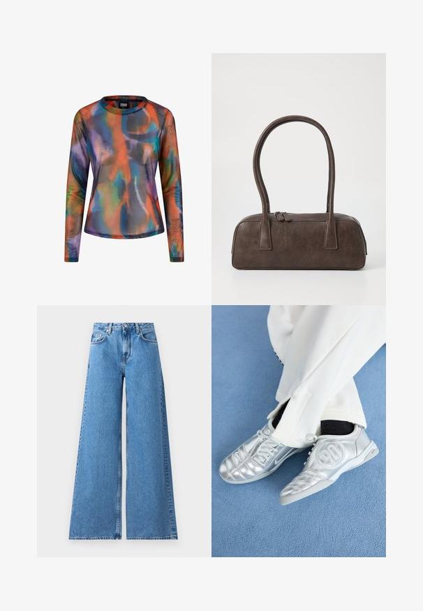 Cămașă cu mânecă lungă dintr-un material transparent și ușor, având un model abstract vibrant, cu nuanțe de portocaliu, albastru și mov.; Îngrijirea albastră din denim cu picioare largi, cu talie înaltă, având un design clasic cu cinci buzunare și cusături pe laturi pentru un plus de detaliu.; Pantofi sport argintii cu un finisaj neted și lucios, având un design cusut și cifra 90 pe lateral, asortați cu pantaloni albi.; Geantă de mână din piele maro, cu două mânere rezistente, formă rectangulară, textură netedă și închidere cu fermoar. Design minimalist, fără modele vizibile.