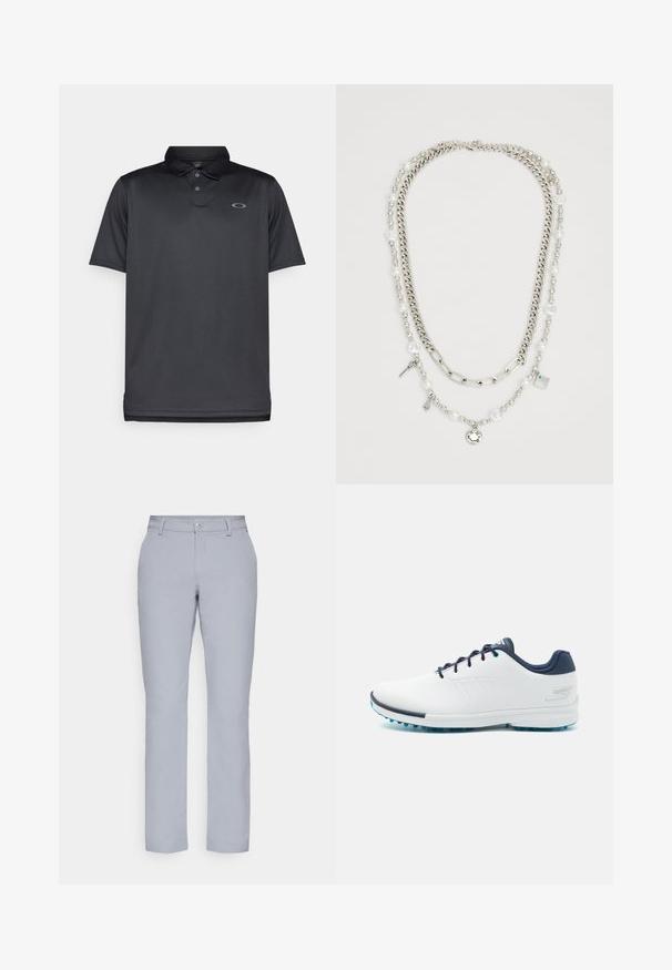 Musta poolopaita, joka on valmistettu sileästä kankaasta, jossa on kaulus, kolme nappia, lyhyet hihat ja pieni harmaa logo vasemmassa rinnassa.; Harmaat suorat housut, nappikiinnitys, etutaskut ja sileä, teksturoitu kangas. Minimalistinen muotoilu, ilman kuvioita.; Valkoiset urheilukengät sileällä synteettisellä päällisellä, siniset yksityiskohdat, teksturoitu tummansininen kantapää ja kevyet, piikkiset pohjat pidon lisäämiseksi.; Monikeri kerroksellinen kaulakoru, jossa on hopeaketjuja ja helmikoristeita, sekä charm-paloja, kuten avaimia ja neliön muotoinen riipus. Sileä pinta, jossa on kiiltävä viimeistely.