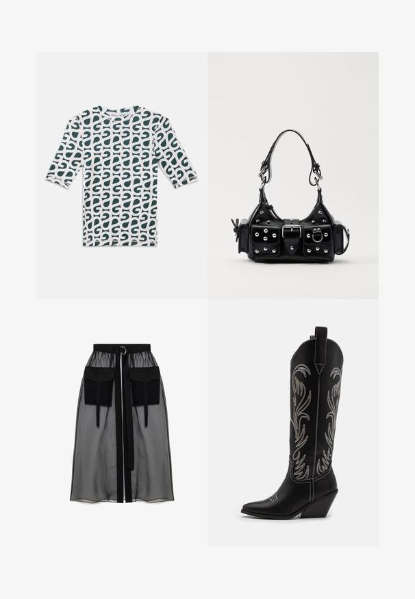 Majica s tričetvrtinskim rukavima u bijeloj boji s zelenim apstraktnim uzorkom. Okrugli izrez, pamuk i šivi na rubovima.; Crna prozirna suknja s nabranim pojasom, koja ima dva velika prednja džepa, remen oko struka i okrugli metalni detalj.; Crne kožne kauboj čizme s šiljastim prstima, klinastim potpeticama i srebrnim izvezenim cvjetnim uzorcima duž osovine. Kontrastni šavovi posvuda.; Crna kožna torba s zakrivljenim dizajnom, koja sadrži srebrne zakovice, kopču i dva bočna džepa. Podesiva traka za različite opcije nošenja.