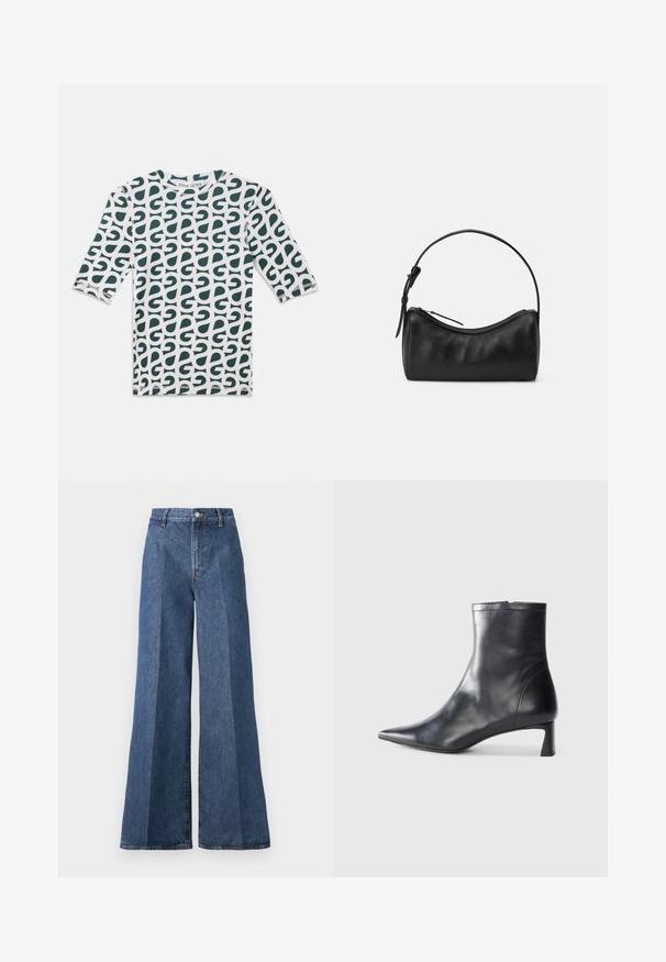 Baltos spalvos trijų ketvirčių ilgio marškiniai su žaliu abstrakčiu raštu. Apvalus iškirpimas, medvilnės medžiaga ir siūti kraštai.; Plačiai kirptos mėlynos džinsinės kelnės su aukštu liemeniu, su klasikinėmis penkių kišenių detalėmis ir sagos užsegimu, pagamintos iš tekstūruotos medvilnės audinio.; Juodas odinis kulkšninis batas su smailiu pirštu ir elegantišku dizainu. Turi žemą kulną ir užtrauktuką gale. Lygi tekstūra.; Juodas odinis petinis krepšys su kreivėmis, užtrauktuko uždarymu ir plonu dirželiu. Pasižymi lygiu paviršiumi ir subtiliais siuvinėjimo akcentais.