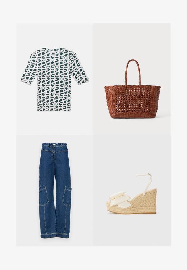 T-shirt de manga três quartos em branco com um padrão abstrato verde. Golfe redondo, material de algodão e costuras. ; Calças cargo em denim azul com cintura alta, perna larga, dois grandes bolsos laterais e detalhes tradicionais de rebites e costuras.; Sandália de cunha com uma plataforma de juta natural, parte superior em tecido creme e dois detalhes florais em camadas; possui uma alça fina no tornozelo com fivela.; Saco tote castanho tecido com um padrão aberto, forma retangular e duas alças trançadas. Apresenta uma base sólida para suporte.