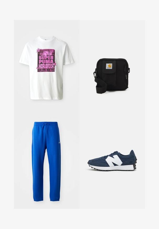 Valge puuvillane T-särk, millel on julge roosa graafiline trükk, millel on kirjad "SUPER PUMA WORLD TOUR" ja koomiksistiilis tegelaskuju detailid.; Sinised dressipüksid, mis on valmistatud pehmest kangast, elastse vöökohaga ja nööridega, kitsenevate jalgadega ning väike logodetail külgedel.; Tumesinine spordijalatsid valge logoga, sueded ja sissetõmmatav ülemine osa, millel on pehmendatud kaelus, lame pael ja tekstuuriga must kummist tall.; Mustmust kott, millel on lukkudega peamine ruum, esikott, reguleeritav rihm ja nähtav logofirma kleebis kaasel.