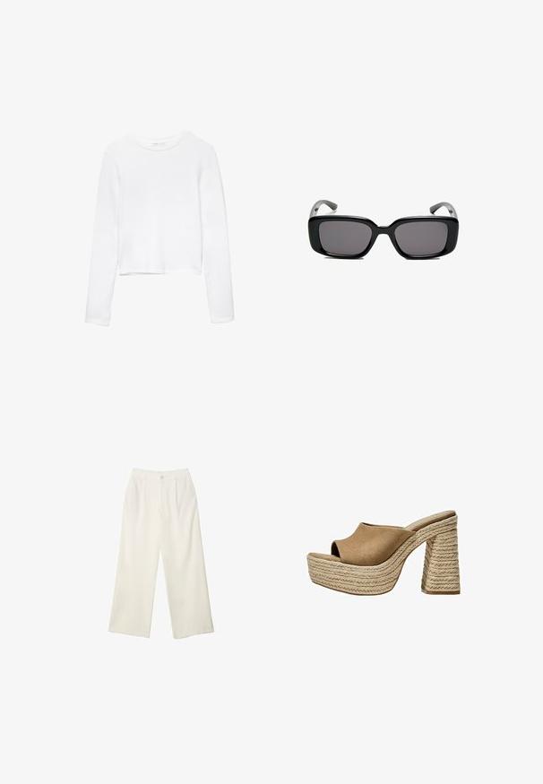 Biela dlhá tričko s dlhým rukávom, vyrobené z jemnej tkaniny, s okrúhlym výstrihom a jednoduchým, bezšvovým dizajnom bez ozdôb.; Široké nohavice z krémovej látky s hladkou textúrou, s jedným predným gombíkom, jemnými skladmi a vysokým pásom.; Hnedé semišové platformové mule s otvorenou špičkou, s masívnym pleteným juty podpätkom a hladkým, zaobleným dizajnom hornej časti.; Čierne obdĺžnikové slnečné okuliare s tmavými sklami, hladkým plastovým rámom a zakrivenými stranami. Dizajn je robustný s minimalistickou estetikou.