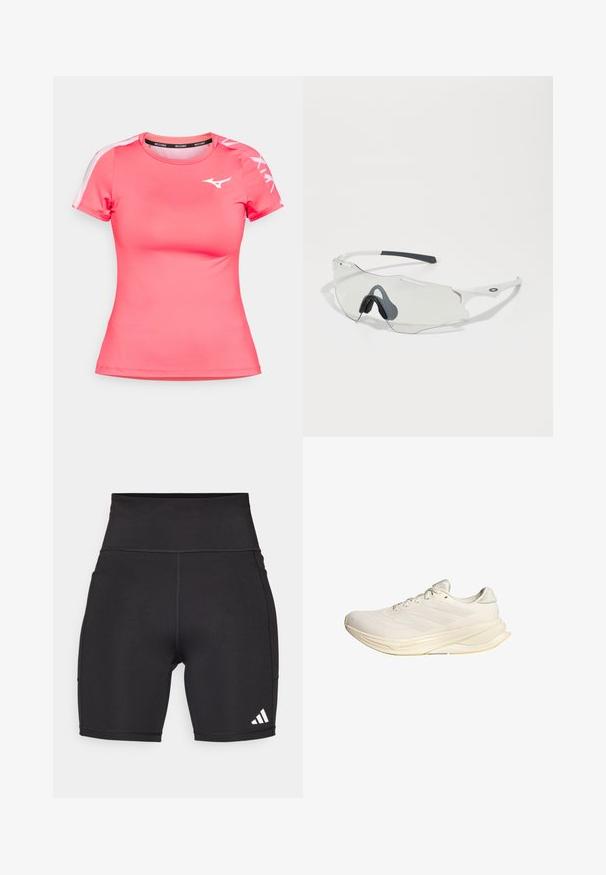 Rosa Sportshirt aus glattem, atmungsaktivem Material. Mit kurzen Ärmeln, Rundhalsausschnitt und einem weißen Logo auf der Brust und den Ärmeln.; Schwarze Sportshorts aus dehnbarem Material. Hoher Bund, Oberschenkel-lange, mit weißem drei Streifen-Logo auf der unteren linken Seite.; Helle beige Sportschuhe mit einem Obermaterial aus Mesh, flachen Schnürsenkeln und einer gepolsterten Sohle. Verfügt über ein design mit drei Streifen an der Außenseite.; Sonnenbrille mit klarem Gläsern, weißem Rahmen und grauen Gumminasenpolstern. Verfügt über ein schlankes Design, eine eckige Form und minimalistische Hardware-Akzente.