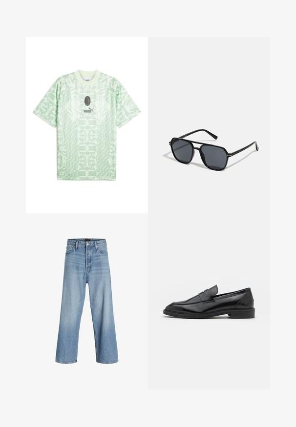 Kerge roheline lühikeste varrukatega T-särk, mis on valmistatud mustriga kangast. Omab ümmargust kaelust ja logo keskel ning allosas.; Heledad heled sinine denimist laiad püksid, millel on kõrge vöökoht, klassikaline viie taskuga disain ning nööbiga sulgemine ja tõmbluku avamine.; Mustad nahast loafers, millel on sile viimistlus, ümar varvas ja kitsas riba peal. Madal kühveldatud konts.; Mustad mustad prillid oktaalpäistega, tumedad läätsed, läikiv viimistlus, õhukesed templid ja kuldsed aktsendid ees.