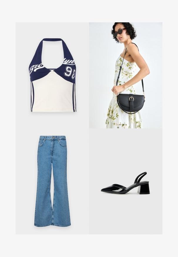 Top cropped em algodão azul marinho e creme com decote halter, apresentando a impressão "Brooklyn" e o número 98. Textura suave, design desportivo e em blocos de cores.; Jeans de brim azuis claros, com corte à boca de sino, apresentando uma cintura alta, cinco bolsos e um fecho de botão único. Textura macia com acabamento desbotado.; Sandy em verniz preto com salto slingback, ponta afilada e salto geométrico. Apresenta um design elegante e minimalista com textura suave.; Bolsa de couro preta com forma curva, alça destacável e detalhes em dourado. A bolsa possui uma aba com detalhe de fivela.
