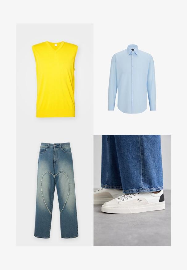 Gilet sans manches jaune avec un design en V, fabriqué en tissu doux. Présente un ourlet côtelé et une texture lisse, adapté aux temps chauds.; Chemise de dress bleu clair à manches longues, en tissu lisse, dotée d'une fermeture à boutons, d'un col pointu et d'une coupe classique.; Jean en denim bleu avec un design déchiré en forme de cœur à l'avant, coupe droite et finition légèrement délavée.; Baskets blanches et noires avec une tige en cuir lisse, des accents texturés et une semelle épaisse blanche. Présentent un design classique à lacets.